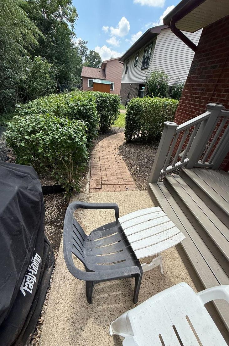 Trimmed shrubs beside a cleared brick path and back patio