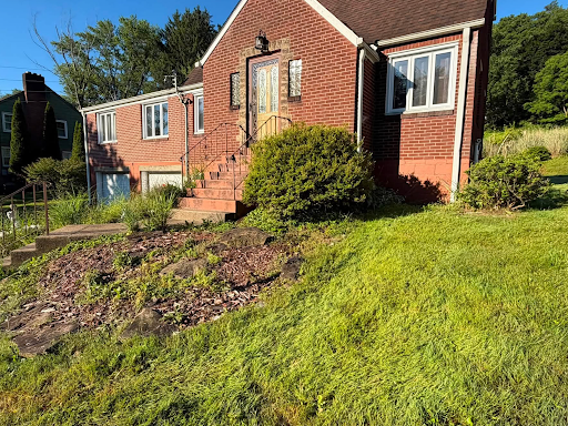 Bare hillside bed of dirt and scattered growth in front of a brick home